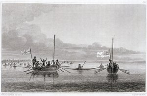 Eskimaux przybywający w kierunku łodzi w Shoalwater Bay, 7 lipca 1826, z „Narracji o drugiej wyprawie do brzegów Morza Polarnego w latach 1825-27” autorstwa sir Johna Franklina (1786-1847) grawerowane